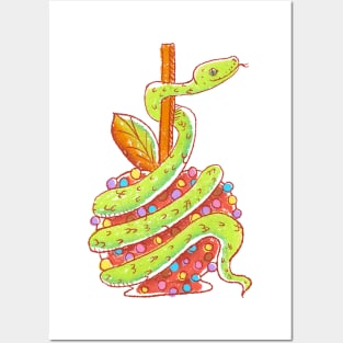 Green Snake on a Red Candy Apple Posters and Art